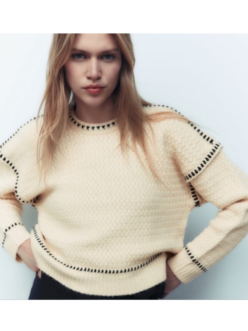 Zara Cream Crewneck Sweater with Black Contrast Stitching